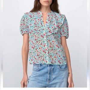 Zara White Floral Ruffle Puff-Sleeve Blouse with Pink & Blue Flowers